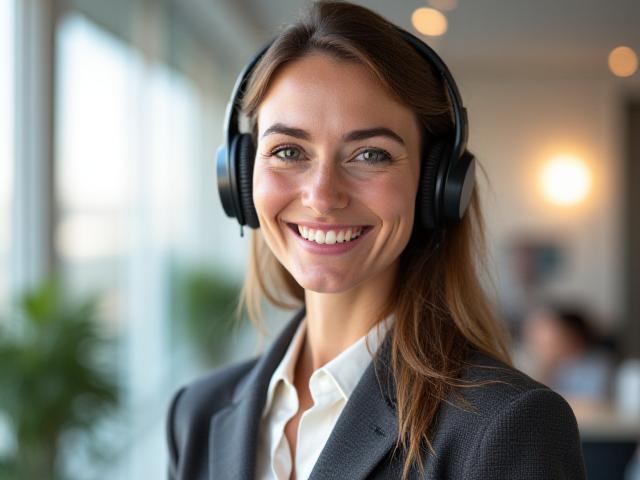 Una persona sorridente del servizio clienti Arazzo Salus con cuffie, accogliente e professionale.
