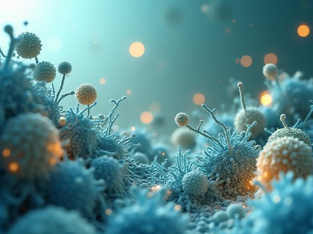 Illustrazione stilizzata del microbioma intestinale, con batteri buoni e villi intestinali