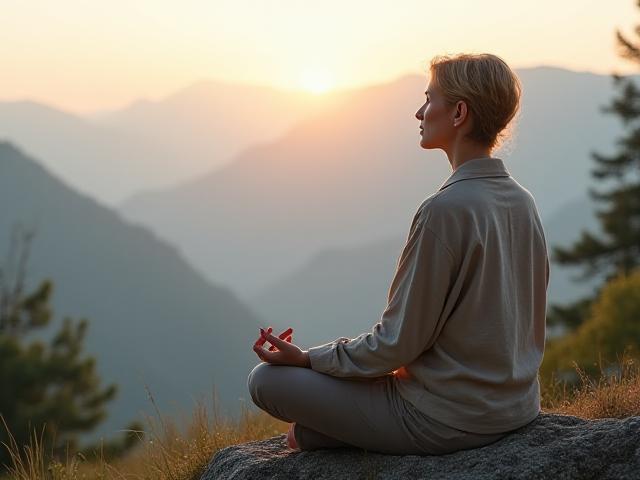 Persona in posizione di meditazione all'aperto, con sfondo di natura sfocata