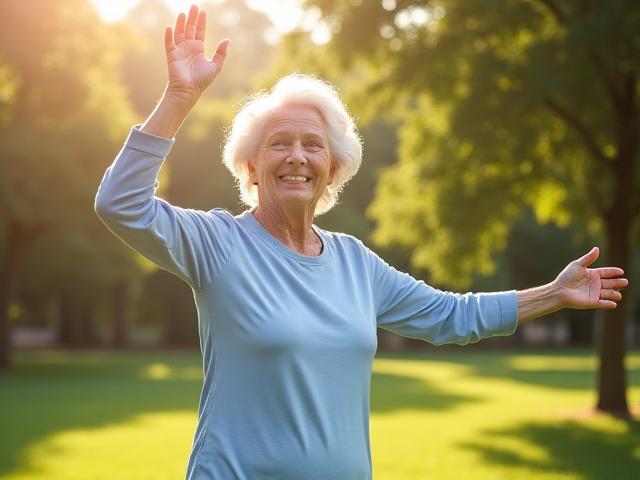 Persona anziana che pratica yoga all'aperto su un prato verde