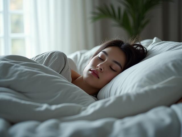 Persona serena che dorme profondamente in un letto confortevole