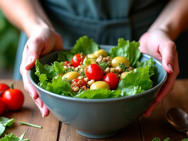 Mano che prepara un'insalata fresca e colorata