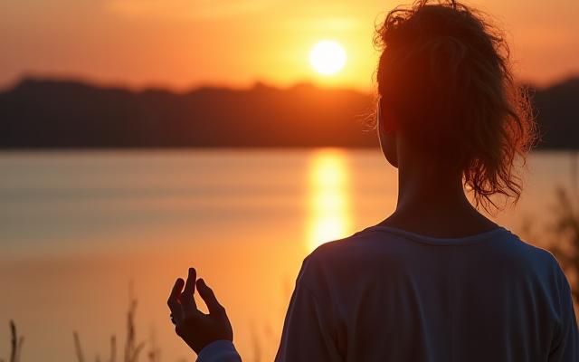 Persona in posizione meditativa al tramonto, con colori calmi