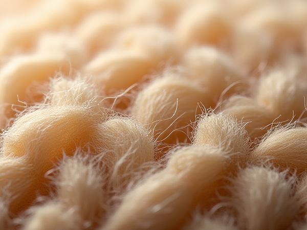 Dettaglio ravvicinato di una tessitura con filati spessi e texture ricche, colori caldi e naturali