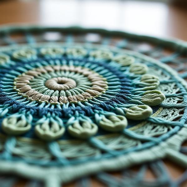 Mandala tessuta con filati vegetali, sfumature di verde e rosa, creata in un workshop Arazzo Salus